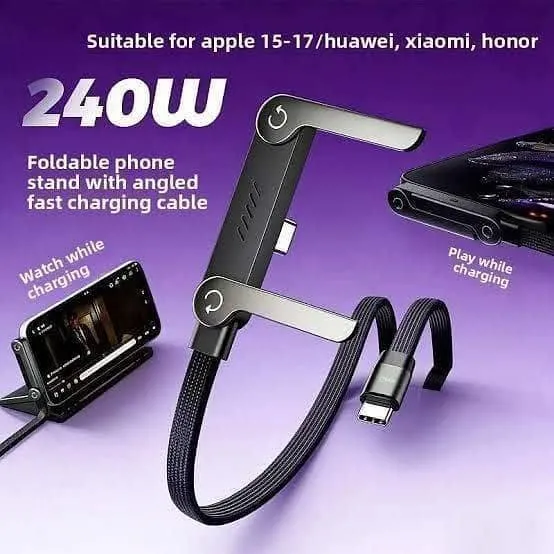 240W Fast Charging Cable with Foldable Phone Stand | 2-in-1 USB-C Braided Cable - photo 1