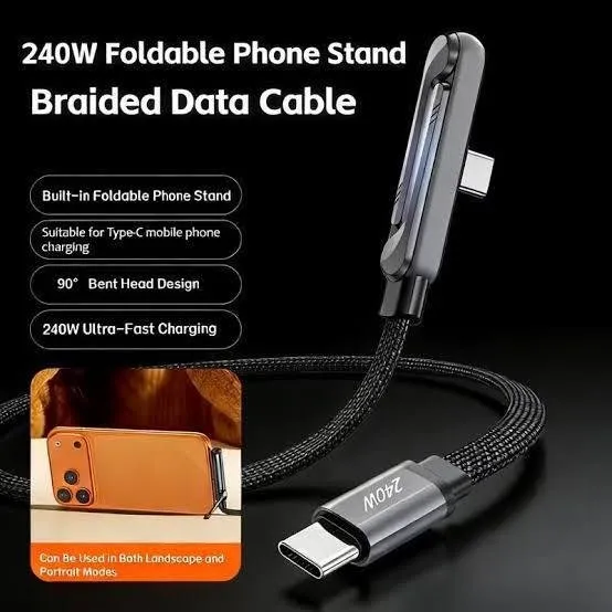 240W Fast Charging Cable with Foldable Phone Stand | 2-in-1 USB-C Braided Cable - photo 2