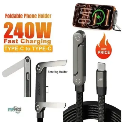 240W Fast Charging Cable with Foldable Phone Stand | 2-in-1 USB-C Braided Cable - photo 4