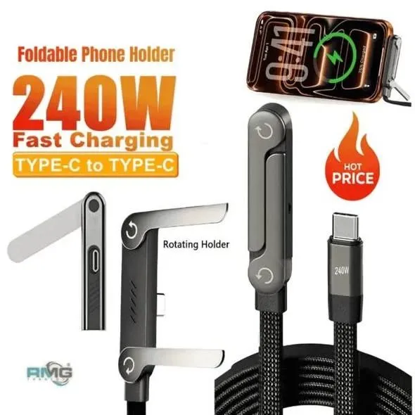 240W Fast Charging Cable with Foldable Phone Stand | 2-in-1 USB-C Braided Cable - photo 4