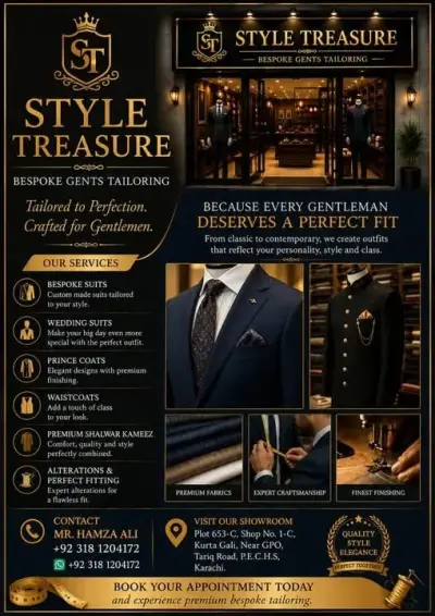 Bespoke Gents Tailoring | Wedding Suits, Prince Coats & Shalwar Kameez | in PECHS | Karachi Ads