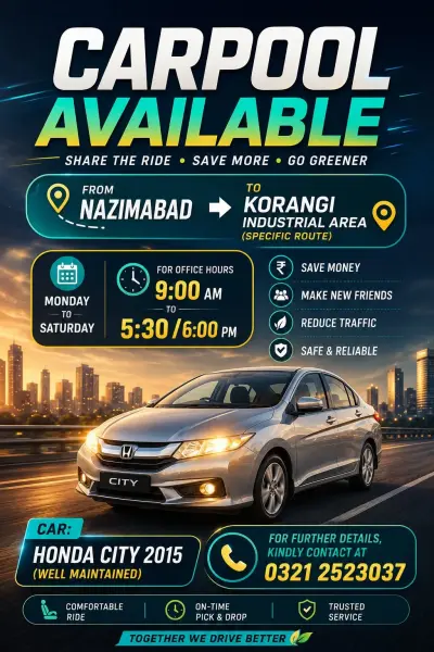 carpool available in Gulistan-e-Jauhar | Karachi Ads