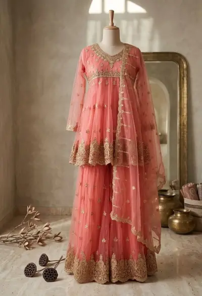 Coral pink net frock with lehnga & dupata