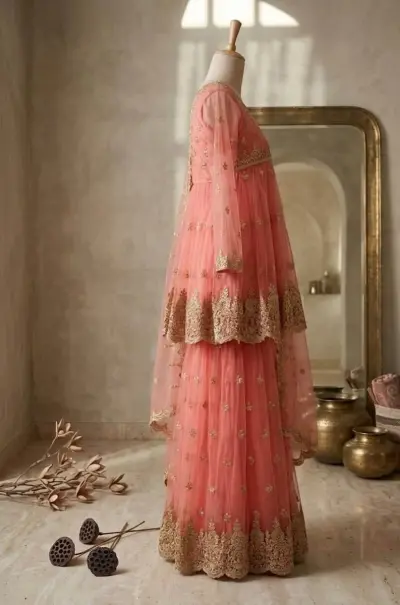 Coral pink net frock with lehnga & dupata - photo 2
