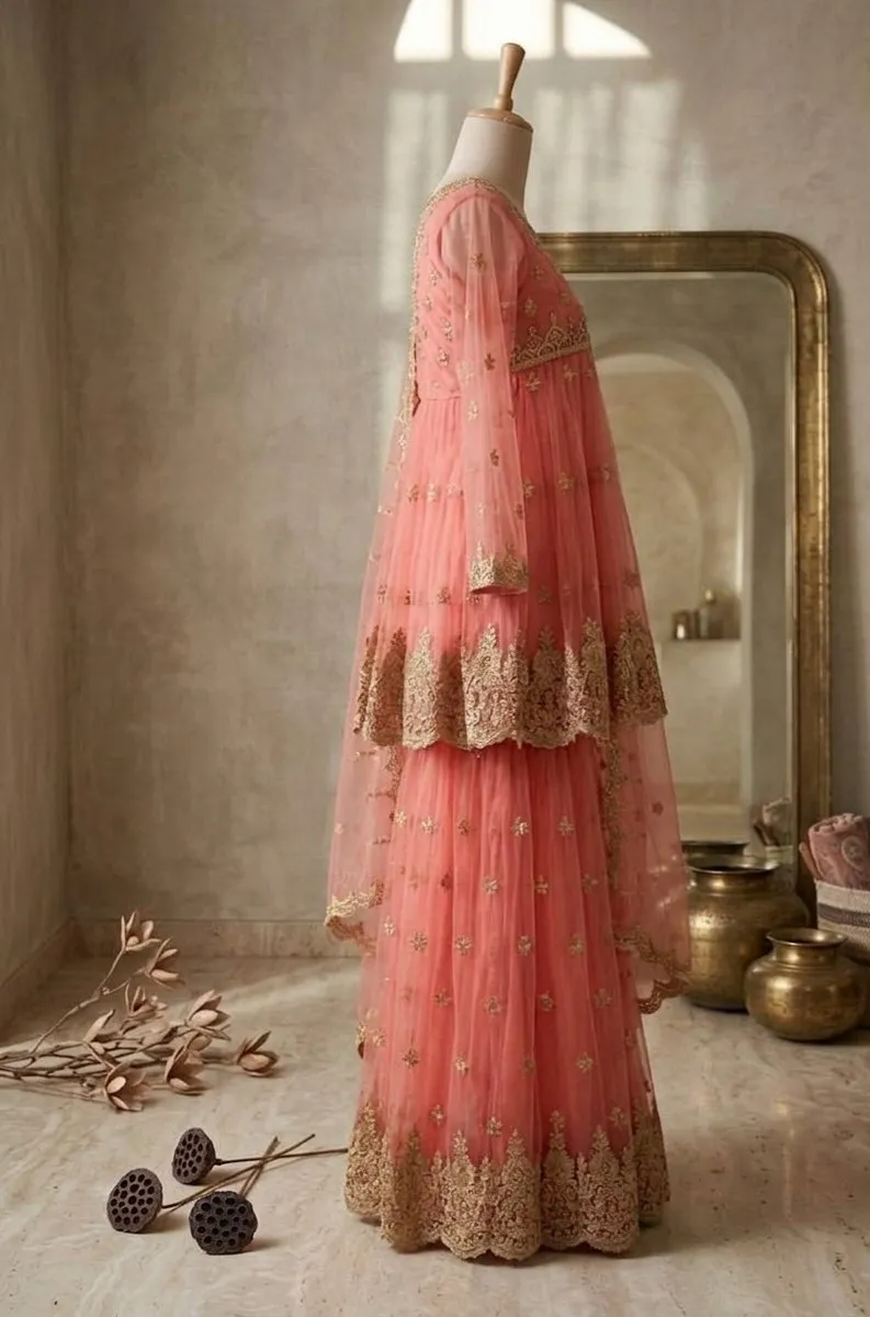Coral pink net frock with lehnga & dupata - photo 2