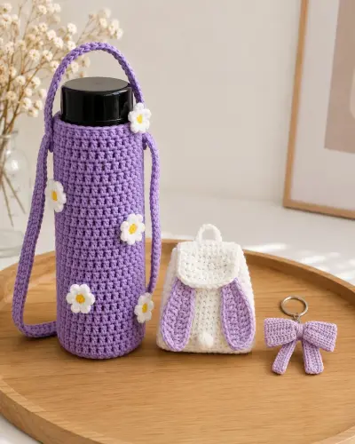 Crochet Cute Combo Set – Bottle Cover + Mini Bunny Bag + Bow Keychain 🎀🐰
