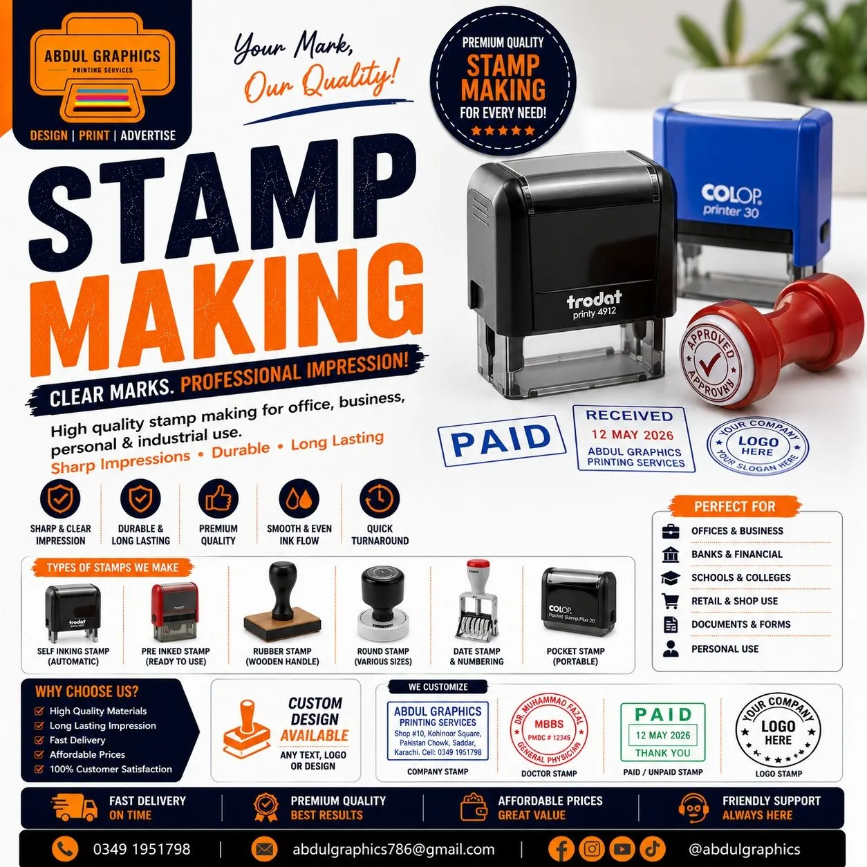 Custom Stamp Making & Rubber Stamp Printing | Abdul Graphics Printing Services in Pakistan Chowk | Karachi Ads - photo 1