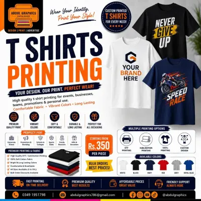 Custom T-Shirt Printing | Abdul Graphics Printing Services in Pakistan Chowk | Karachi Ads