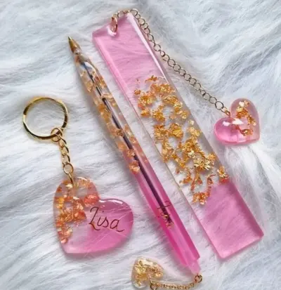 Customized Resin Gift Set – Pen, Bookmark & 2 Keychains ✨