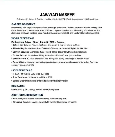 Experienced Driver Available in Gulistan-e-Jauhar | Karachi Ads