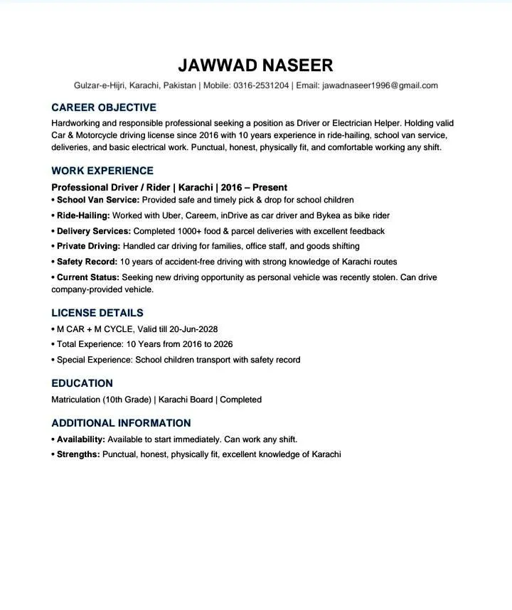 Experienced Driver Available in Gulistan-e-Jauhar | Karachi Ads - photo 1
