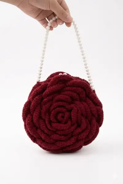 Handmade Maroon Rose Crochet Shoulder Bag | Pearl Handle