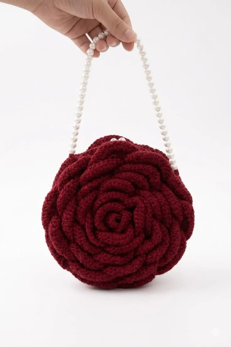 Handmade Maroon Rose Crochet Shoulder Bag | Pearl Handle - photo 1
