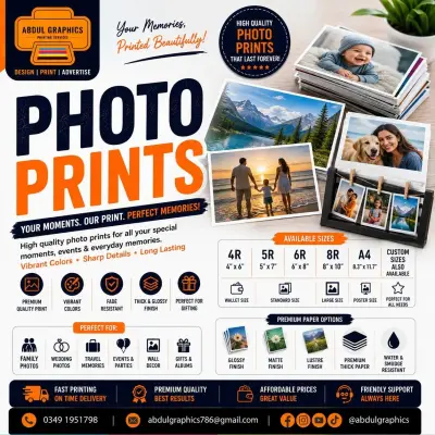 High Quality Photo Printing Services | Glossy & Matte Photo Prints | Abdul Graphics Printing Services in Pakistan Chowk | Karachi Ads