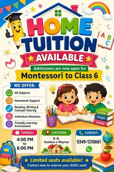 HOME TUITION AVAILABLE Admissions Open — Montessori to Class 6