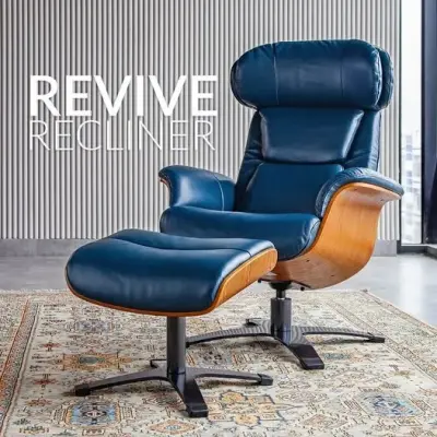 Let the cool, calming blue of the Revive recliner chair redefine your comfort zone.