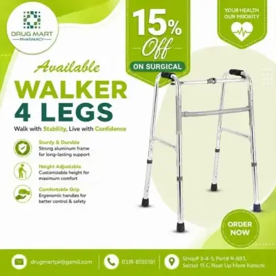 Lightweight 4-leg walker for seniors and mobility support in Karachi