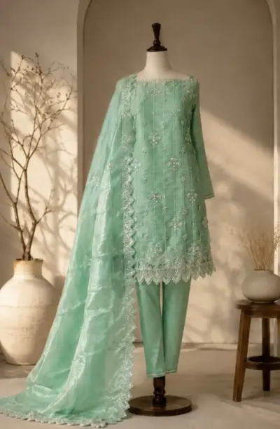Mint green silk 3pc branded suit unstitched