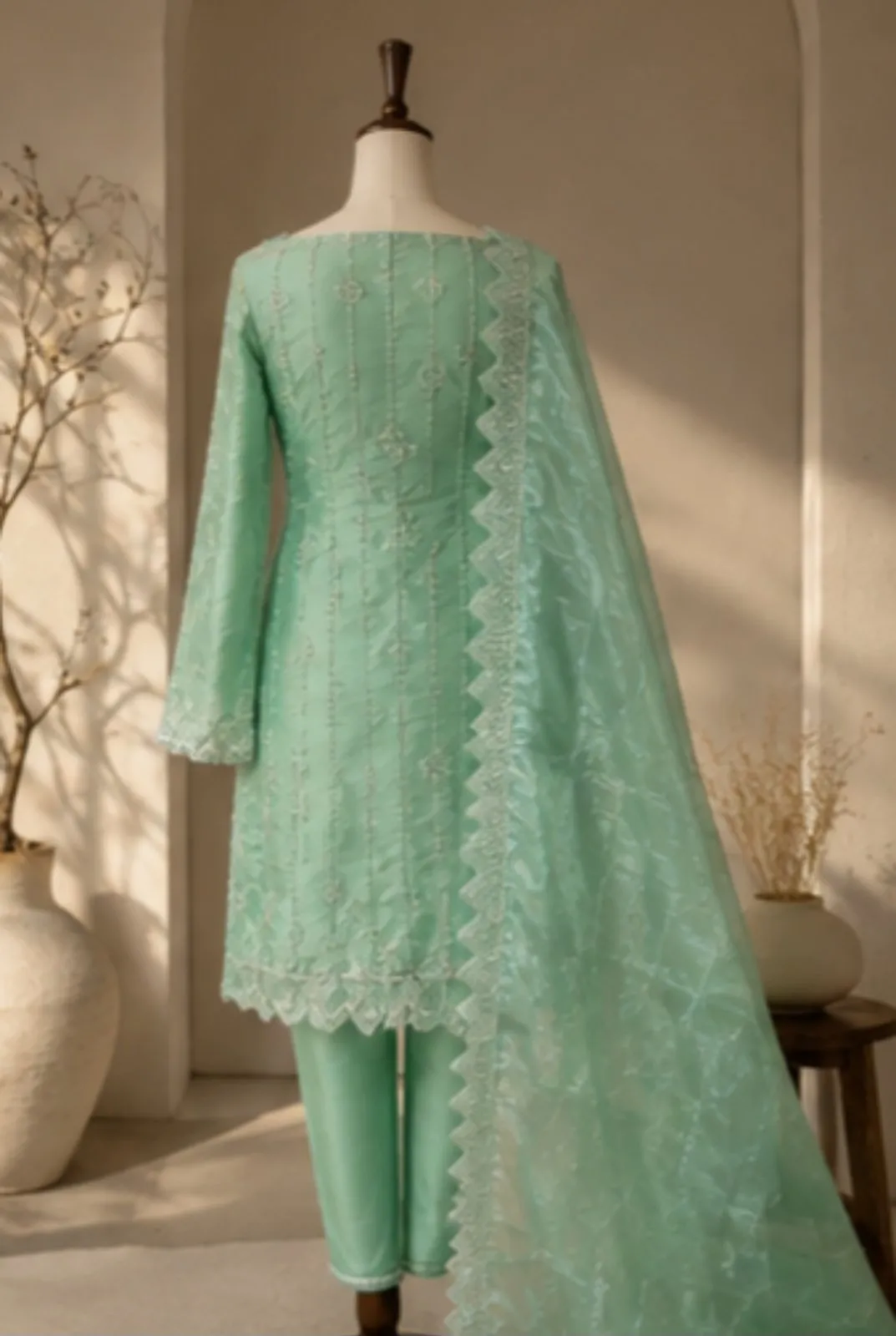Mint green silk 3pc branded suit unstitched - photo 2