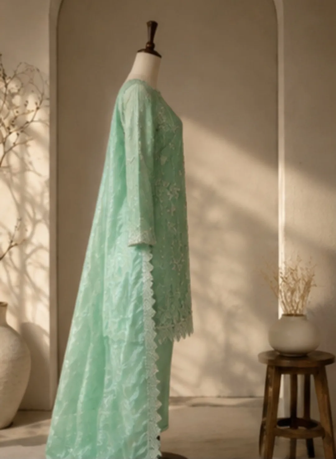 Mint green silk 3pc branded suit unstitched - photo 4