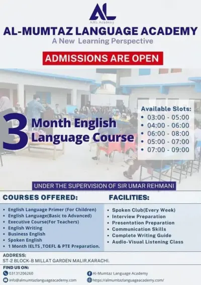 Offered Courses: 1-IELTS, PTE, and TOEFL.