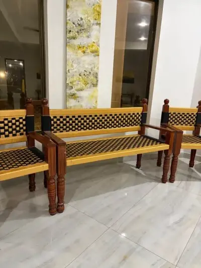 Our handcrafted wooden bench and chair set with custom golden-yellow & black weave sits perfectly