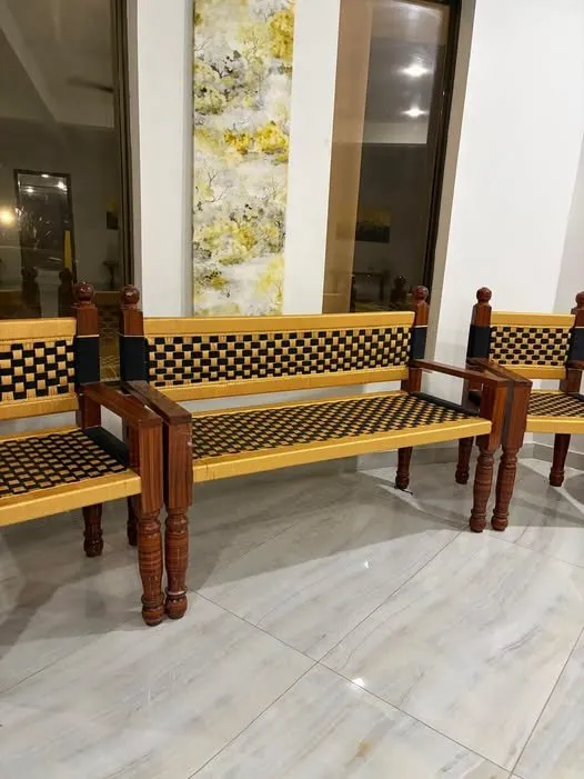 Our handcrafted wooden bench and chair set with custom golden-yellow & black weave sits perfectly - photo 1