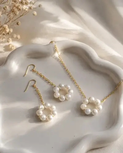 Pearl Flower Chain Earrings Set 🤍✨