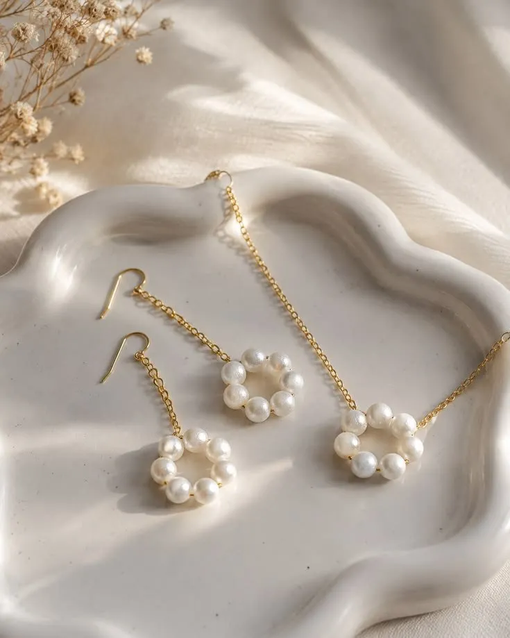 Pearl Flower Chain Earrings Set 🤍✨ - photo 1