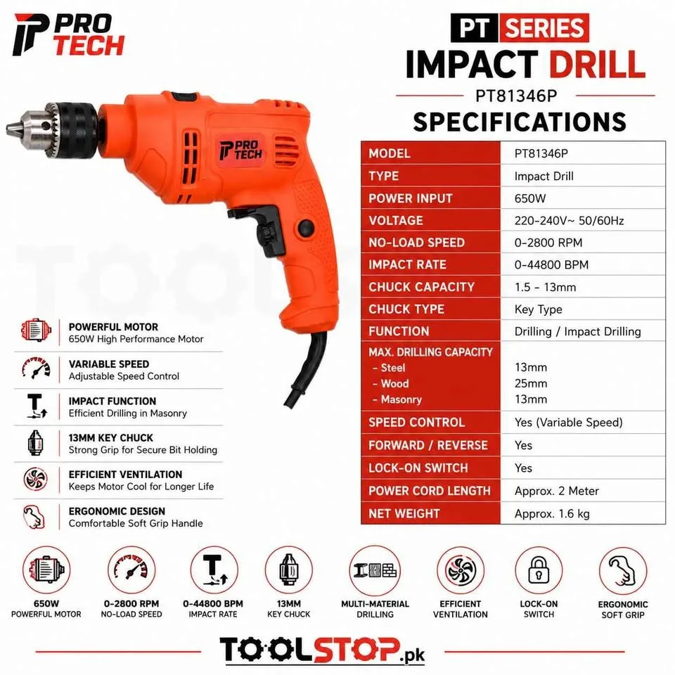 PRO TECH | Impact Drill PT81346P | 650W | 13mm - photo 4