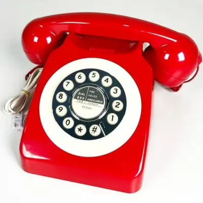 Retro Vintage-Style Red Corded Desk Telephone with Classic Push-Button Dial.