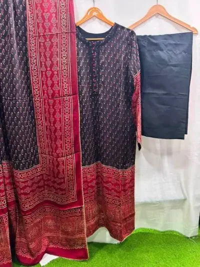 Shamooz silk ajrak organic print 3pcs suit