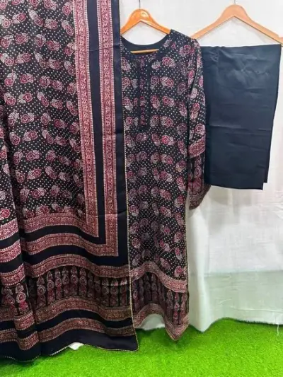 Shamooz silk ajrak organic print 3pcs suit - photo 2