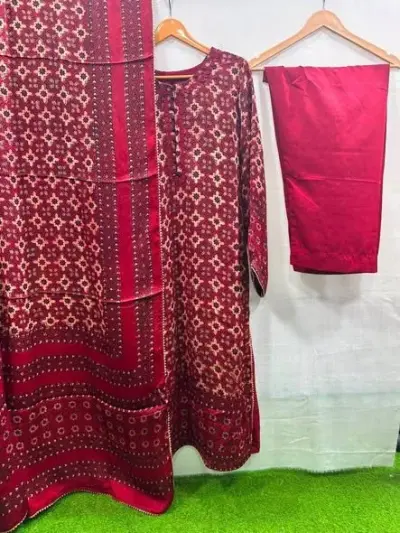 Shamooz silk ajrak organic print 3pcs suit - photo 3