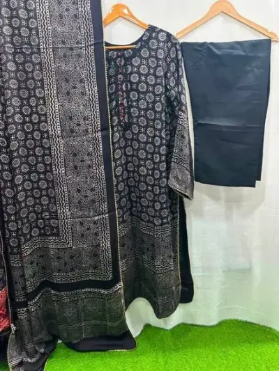 Shamooz silk ajrak organic print 3pcs suit - photo 4