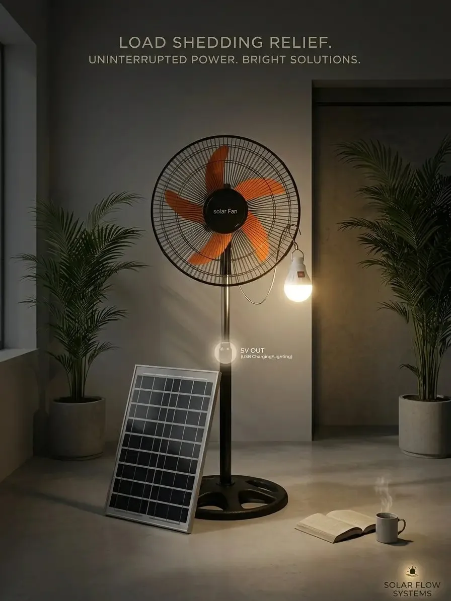 Solar Flow Systems Stand Fan with Solar Panel and USB Output - photo 2