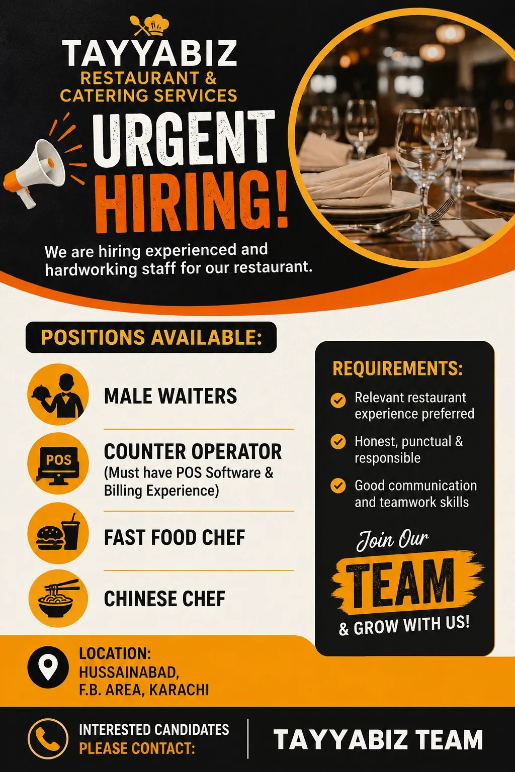 🚨 URGENT HIRING – Tayyabiz Restaurant & Catering Services 🚨 in Hussainabad | Karachi Ads - photo 1