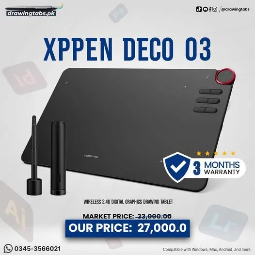XP-PEN DECO 03 Sleek wireless pen tablet with red dial and 6 keys for smooth, ambidextrous creativity. - photo 1