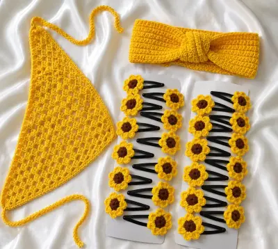 Yellow Crochet Accessories Set – Bandana, Sunflower Clips & Hair Band