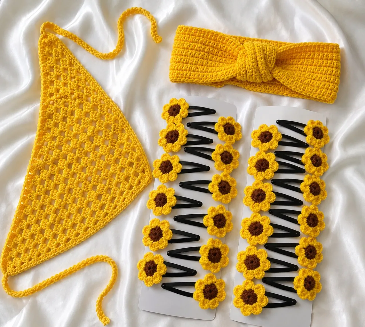 Yellow Crochet Accessories Set β Bandana, Sunflower Clips & Hair Band - photo 1